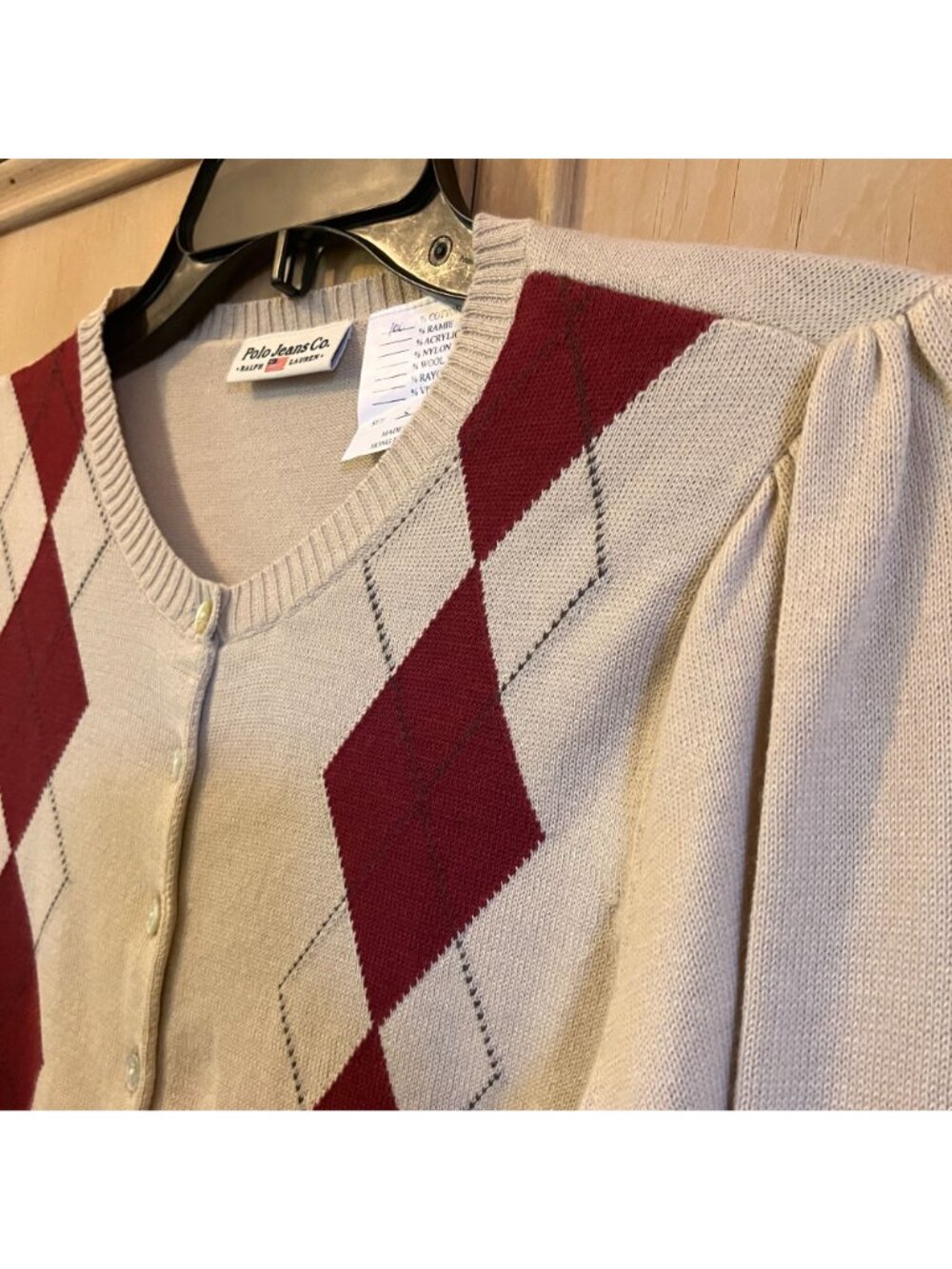 Ralph Lauren Polo Womens Vintage 90s Argyle Cardigan Sweater Small Beige FA NWOT - Picture 5 of 12